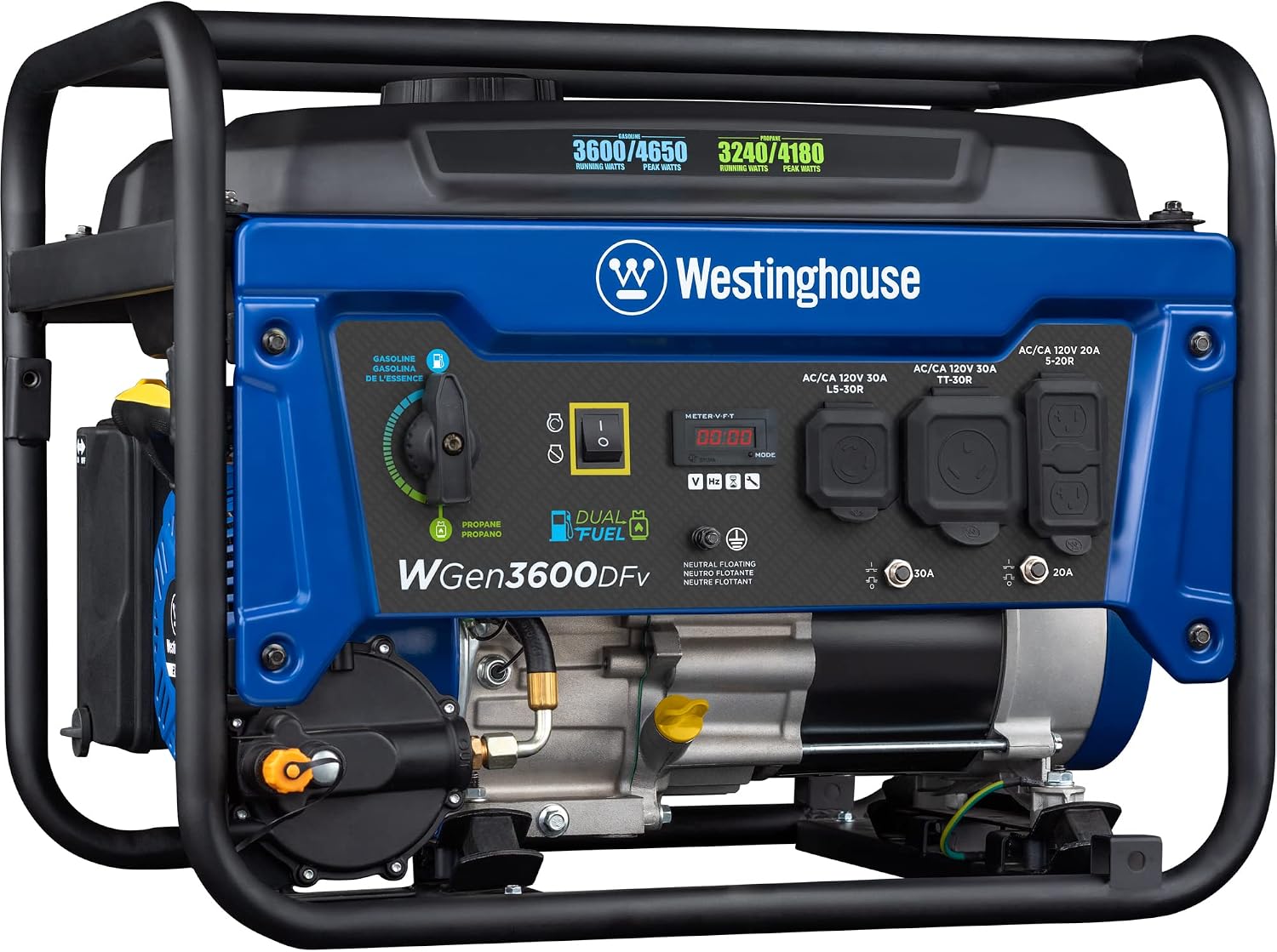 Westinghouse 4650 Peak Watt Dual Fuel Portable Generator, Remote Electric Start with Auto Choke, RV Ready 30A Outlet, Gas &amp; Propane Powered