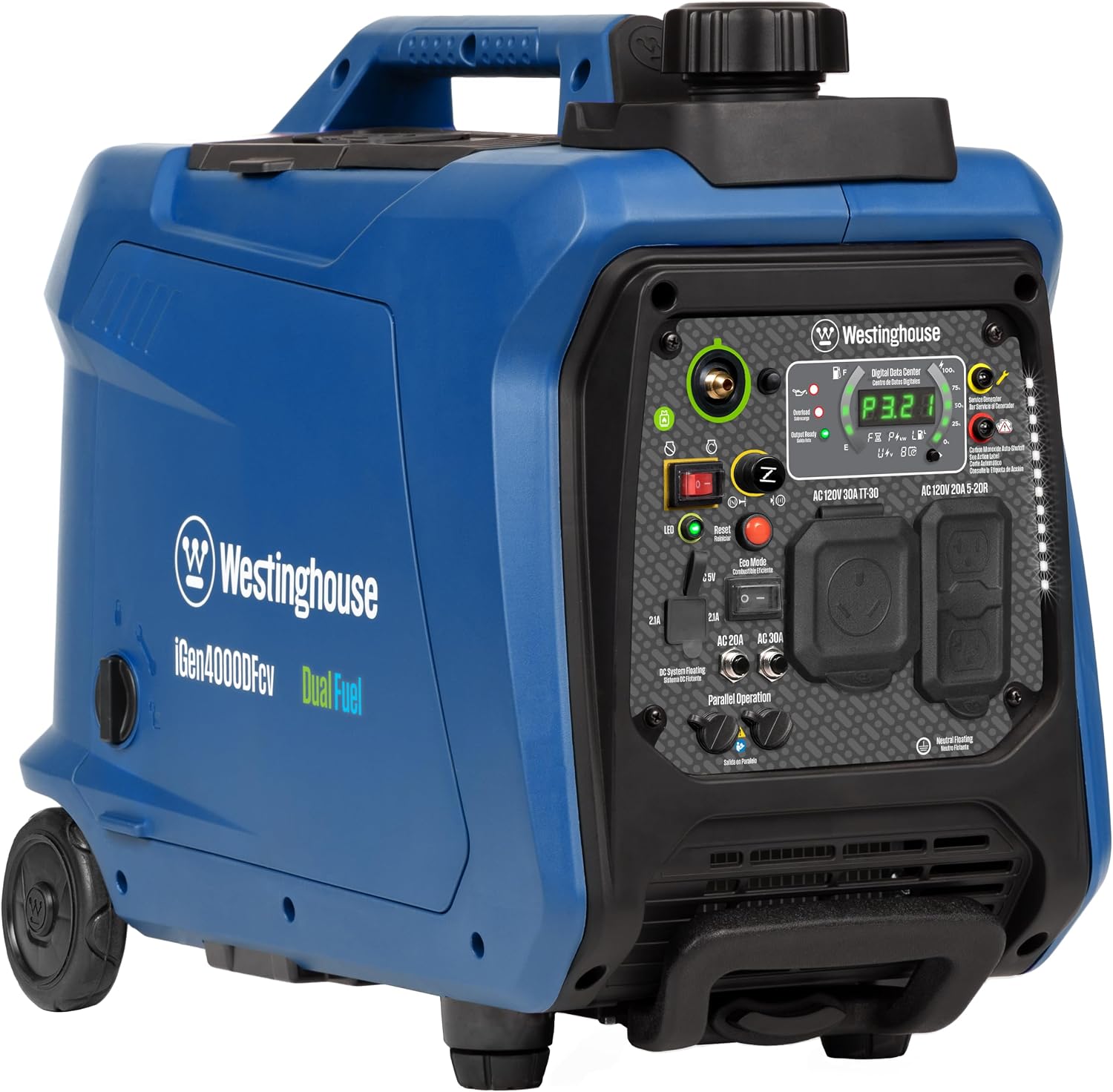 Westinghouse 4000 Peak Watt Super Quiet Dual Fuel Portable Inverter Generator, Wheel &amp; Handle Kit, Gas &amp; Propane Powered, RV Ready, CO Sensor, Parallel Capable